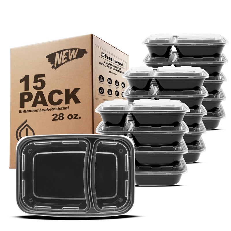 Freshware Meal Prep Containers [15 Pack] 2 Compartment with Lids, Food Storage Containers, Bento Box, BPA Free, Stackable, Microwave/Dishwasher/Freezer Safe (28 oz), Black - Image 1